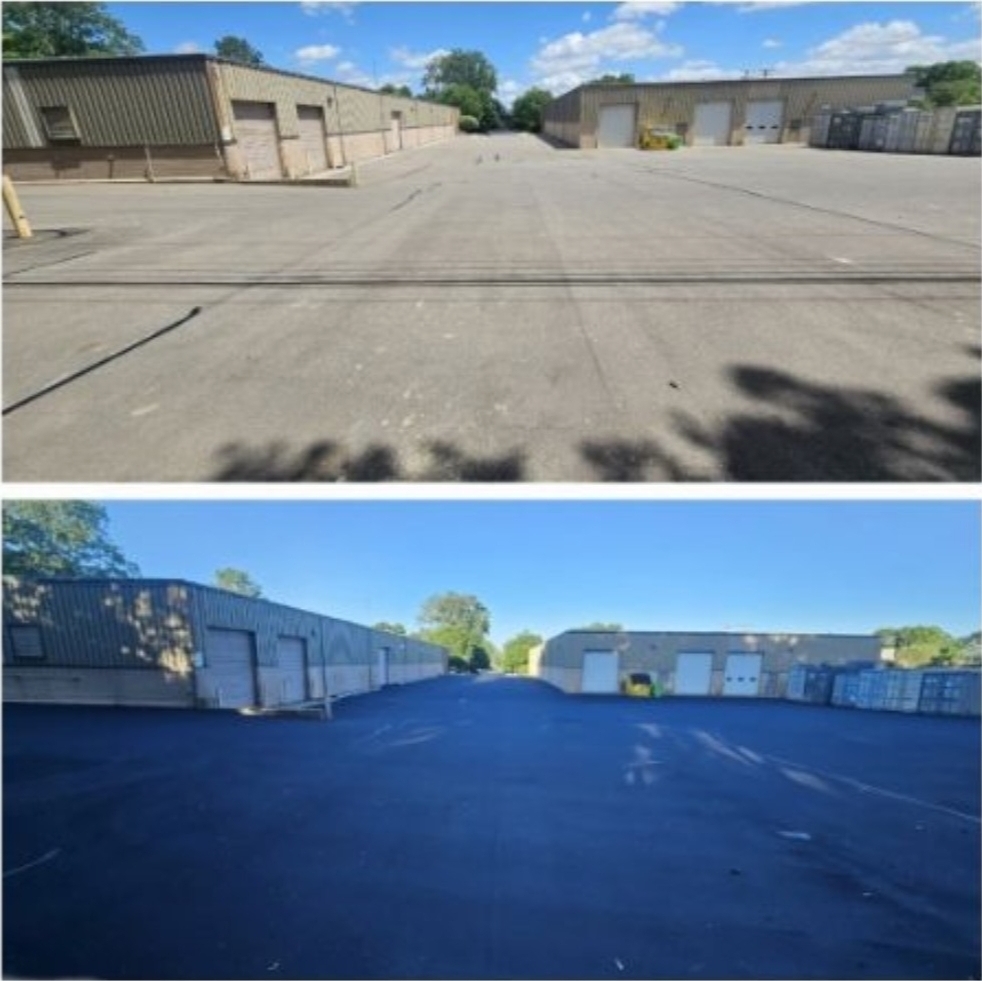 Commercial asphalt paving at warehouse and industrial parking lot.